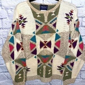 Vintage Woolrich Woman Tribal Inspired Winter Graphic Knit Crew Pullover Sweater